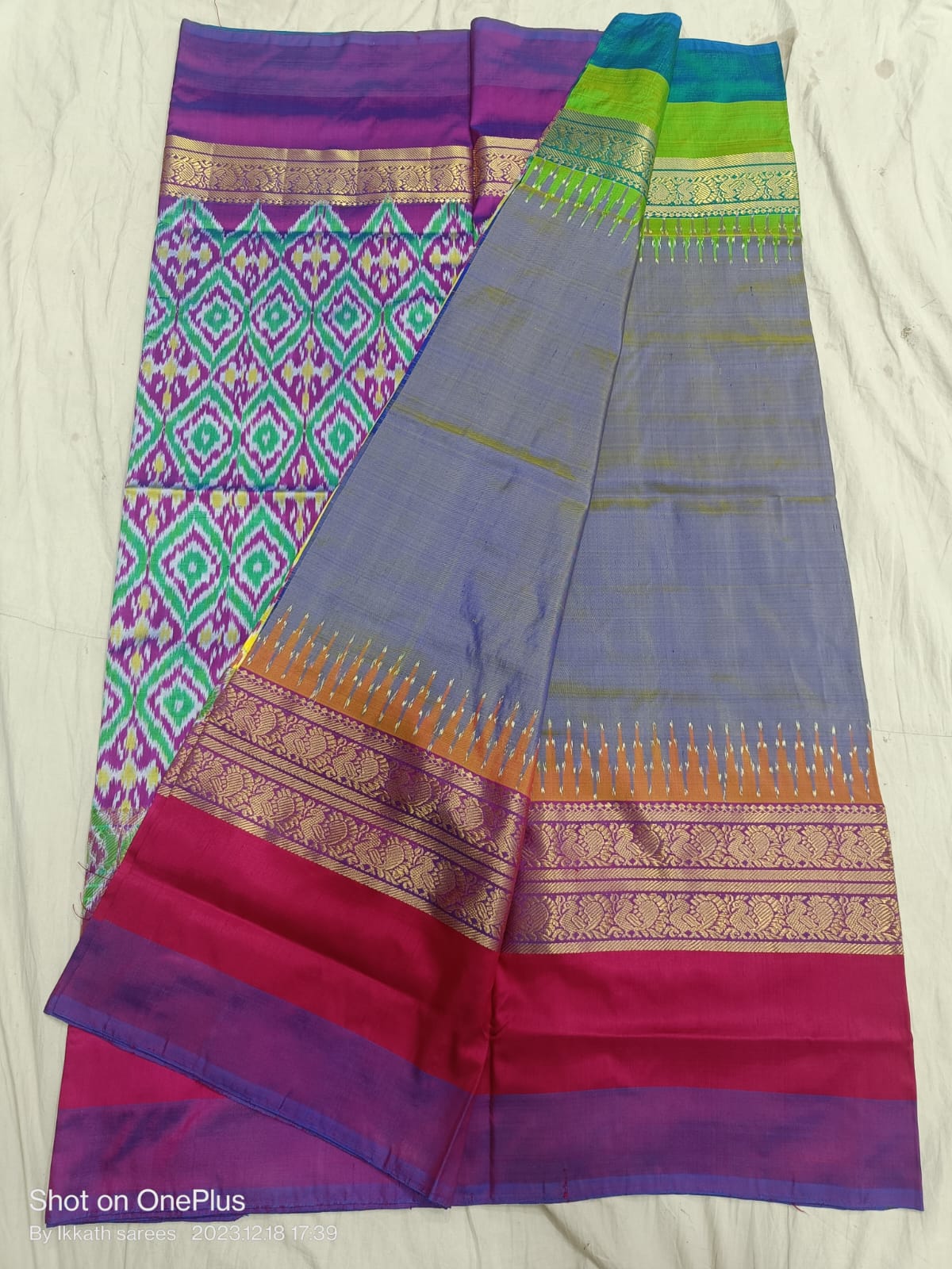 Grey ikkat silk sarees with jakat kanchi border