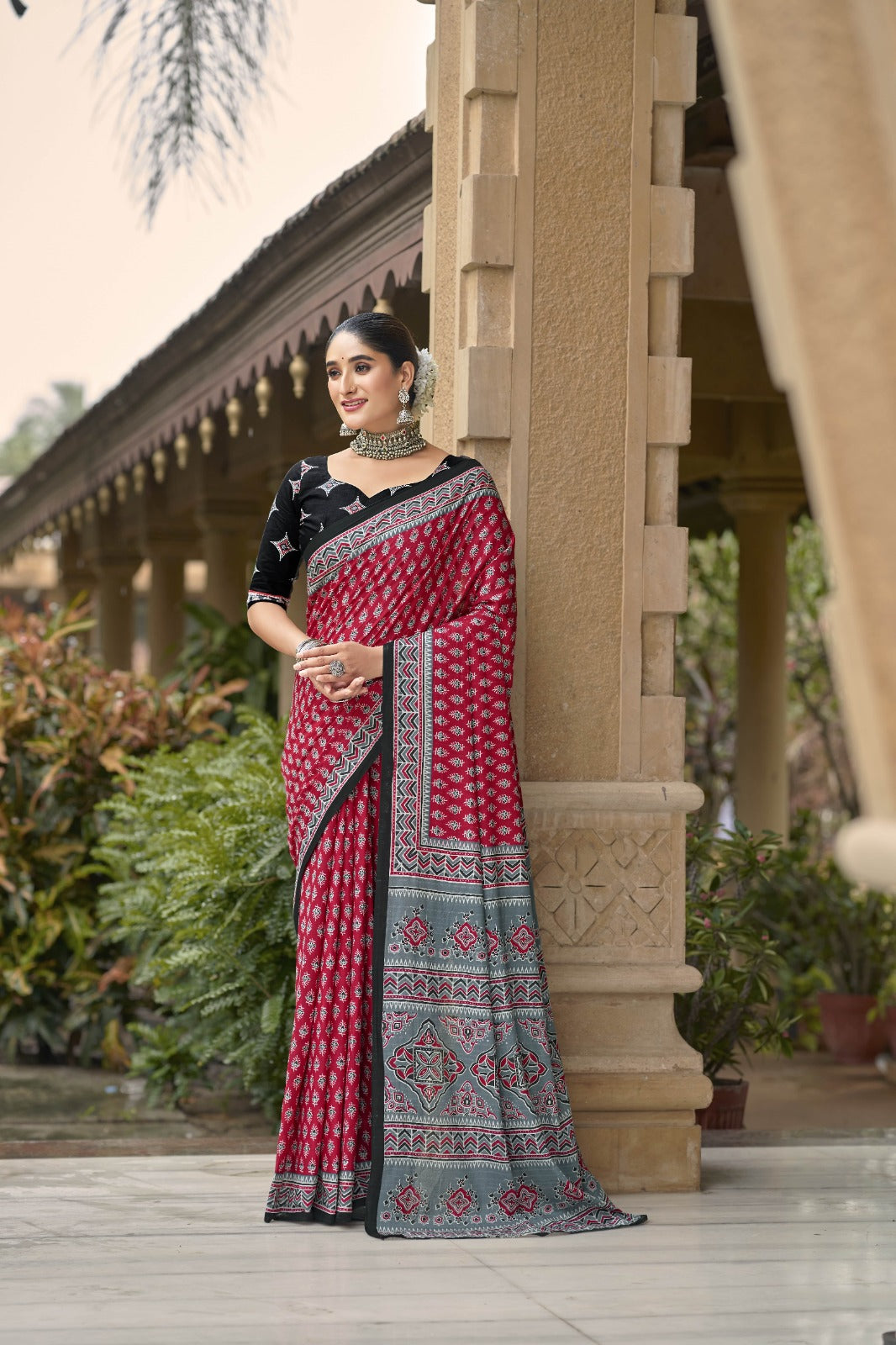 Maroon mulmul cotton sarees