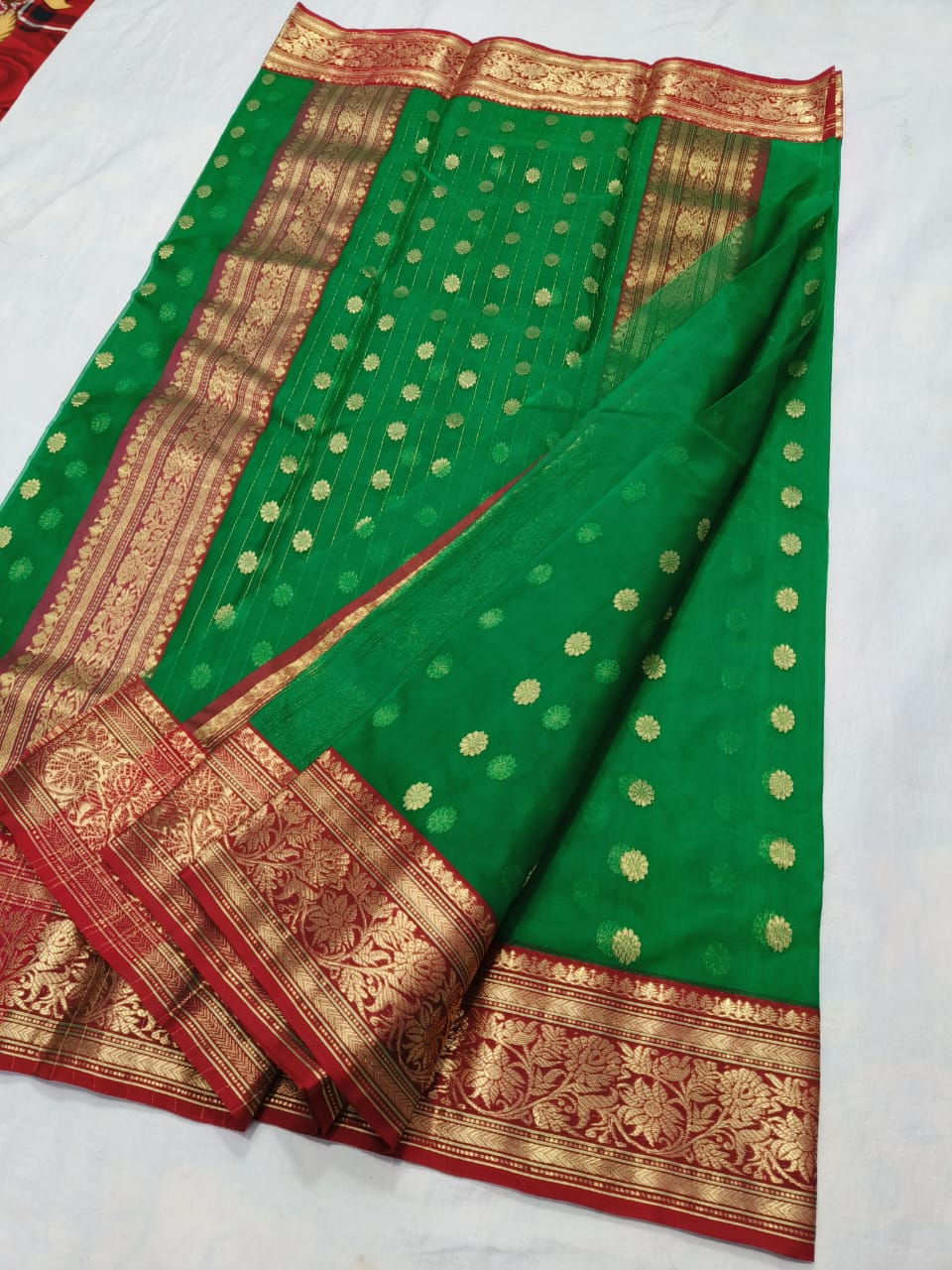 Green with red pure chanderi katan silk sarees