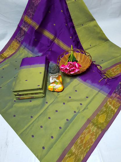 Green and dark purple Tripura silk sarees with Pochampally border