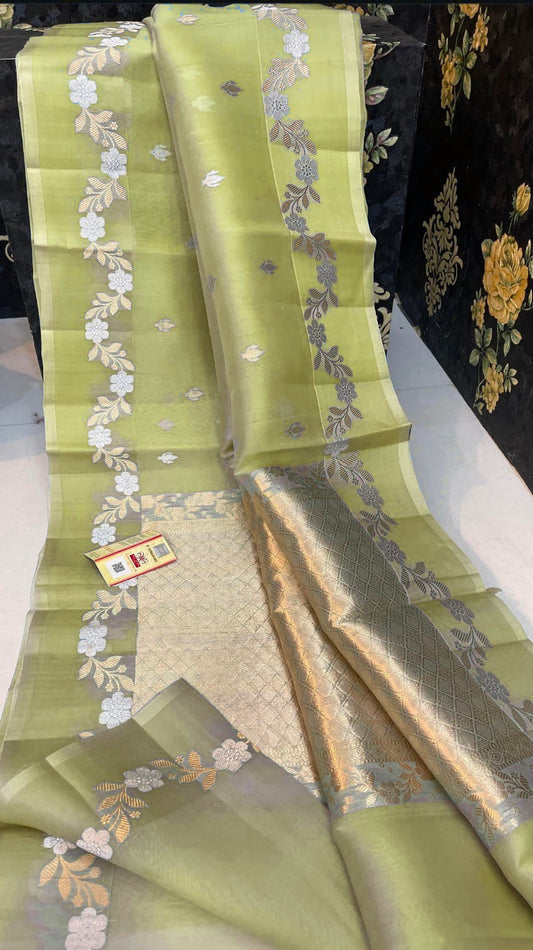 Light lemon yellow Banarasi kora organza sarees