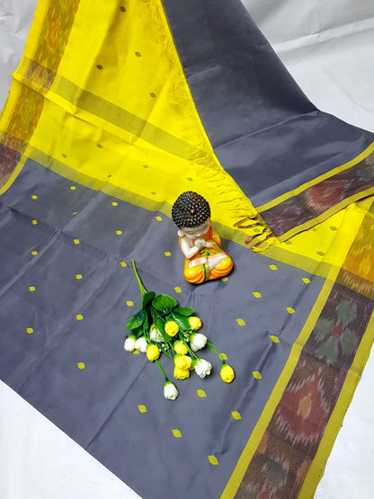 Gray and yellow Tripura silk sarees with Pochampally border