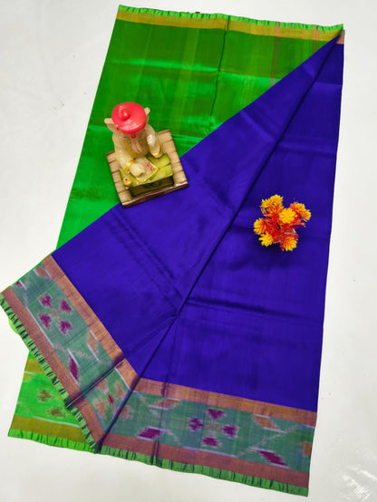 Blue and green Uppada sarees with small pochampally border