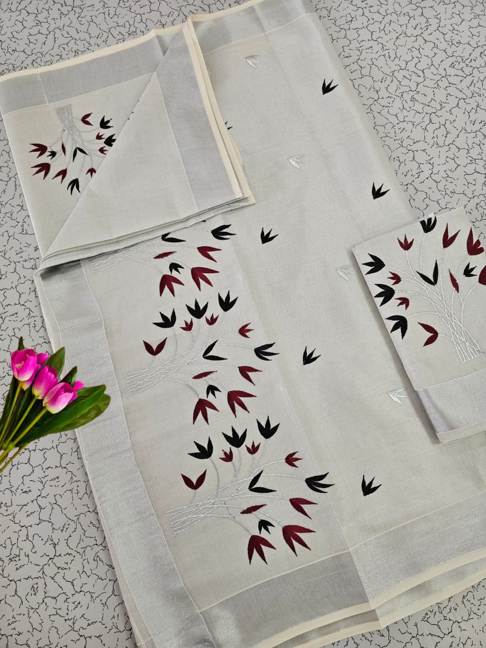 Onam Kerala silver tissue embroidery sarees