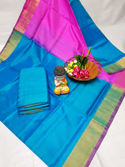 Light blue and Fuchsia pink uppada plain silk sarees