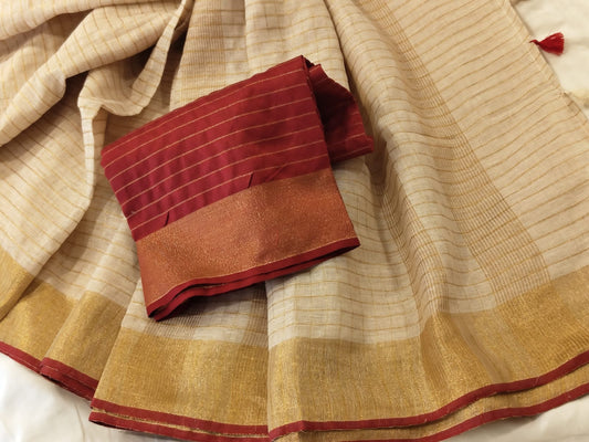 Beige linen checks sarees