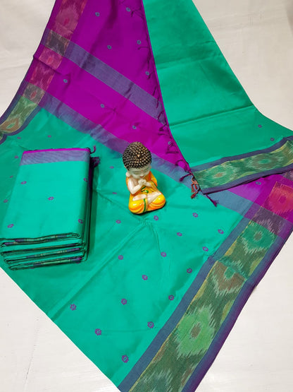 Turquoise and dark purple Tripura silk sarees with Pochampally border