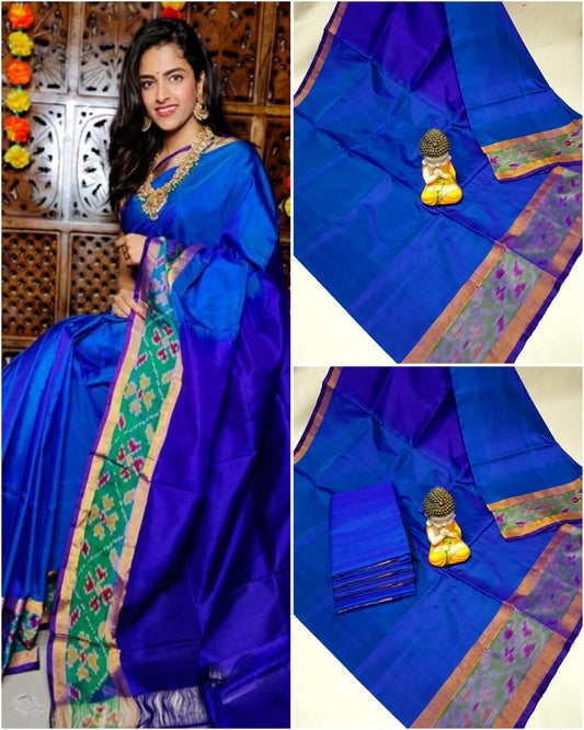 Blue Uppada sarees with small pochampally border