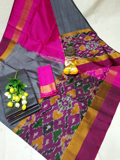 Grey Uppada sarees with big pochampally border