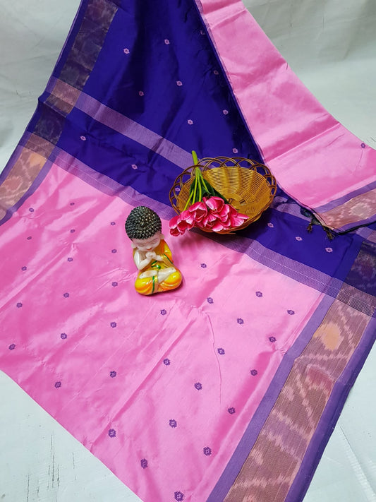 Pink and Navy blue Tripura silk sarees with Pochampally border