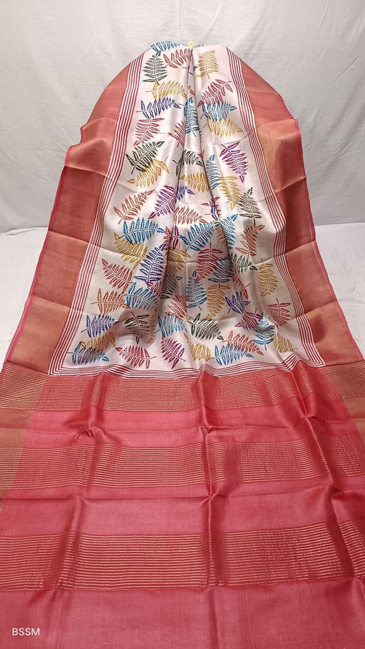 Cream and peach pure tussar silk hand block printed sarees