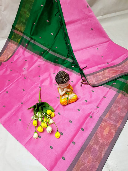 Fuchsia pink and dark green Tripura silk sarees with Pochampally border