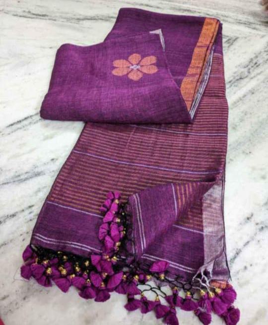 Dark purple 120 counts linen jamdani weaved sarees