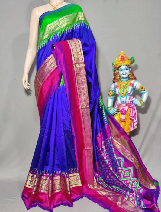 Blue ikkat silk sarees with jakat kanchi border