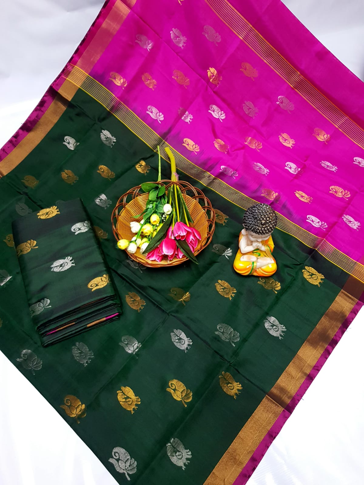 Bottle green and pink handloom Uppada silk sarees with small border