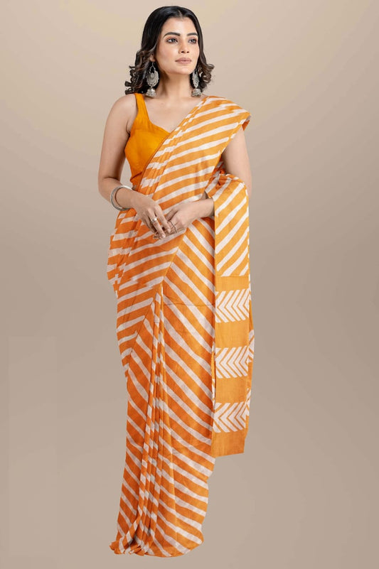 Orange Handblock printed mulmul cotton sarees