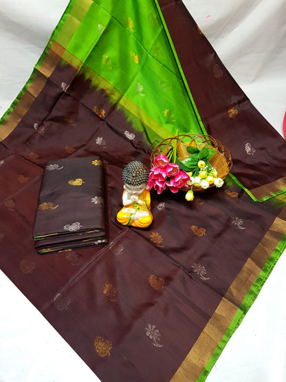 Dark brown handloom Uppada silk sarees with small border