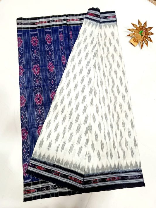 White and navy blue ikkat mercerised Cotton sarees