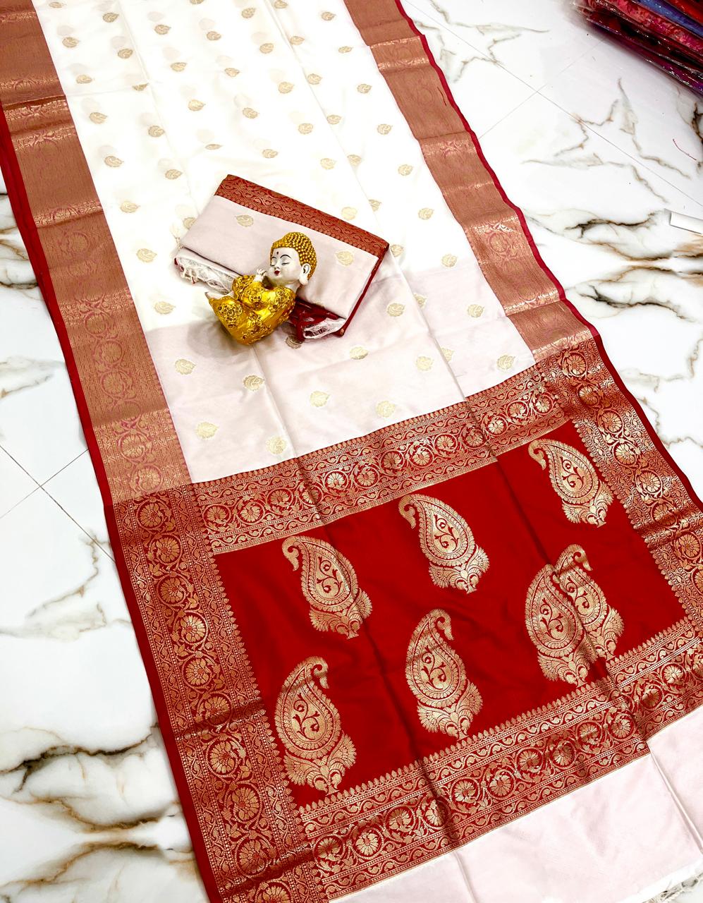 White and red Muga katan silk sarees