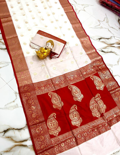 White and red Muga katan silk sarees