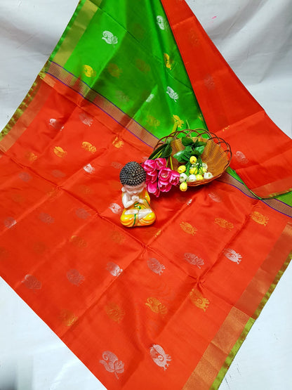 Orange handloom Uppada silk sarees with small border