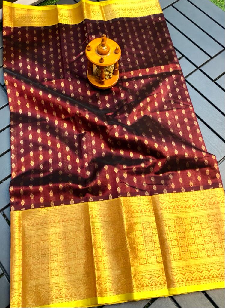 Dark Brown and yellow handloom Kuppadam kanchi border sarees