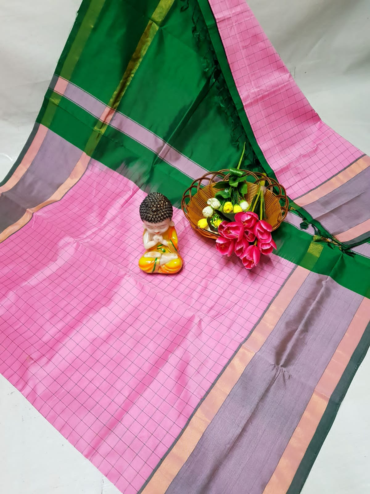 Pink and green Tripura silk mahanati checks sarees