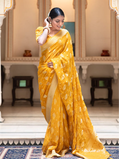 Mango yellow Banarasi semi georgette silk sarees