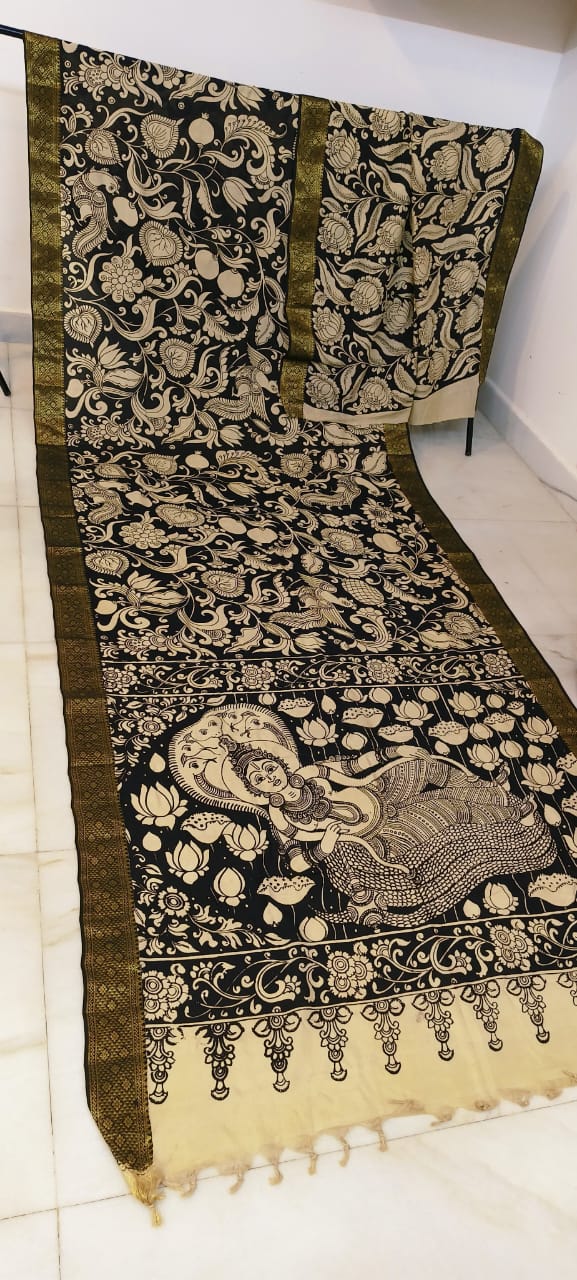 Black and white mangalagiri pen kalamkari sarees