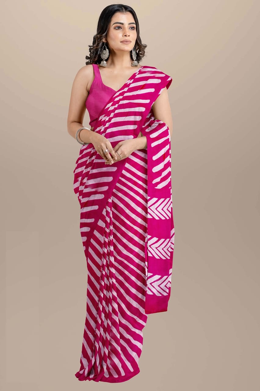 Dark pink Handblock printed mulmul cotton sarees