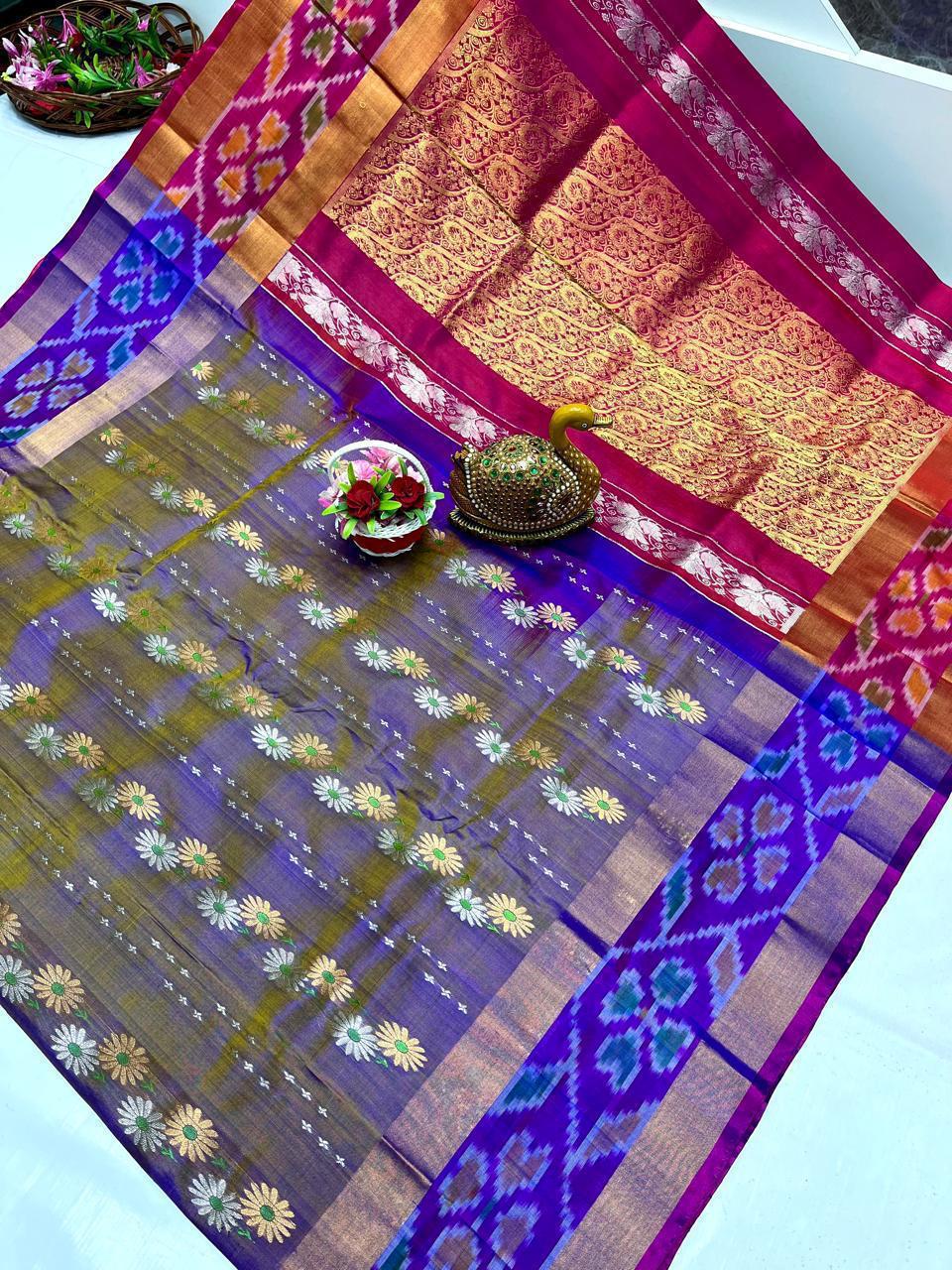 Dark gray Uppada sarees with pochampally border