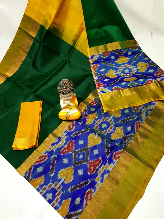 Dark green Uppada sarees with big pochampally border