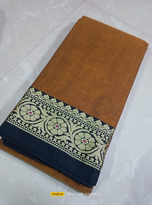 Dark mustard Narayanpet Cotton sarees with small border