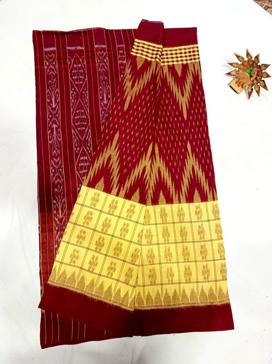 Maroon red and yellow ikkat mercerised Cotton sarees