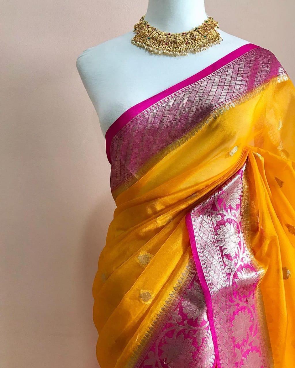 Mango yellow Banarasi kora organza sarees