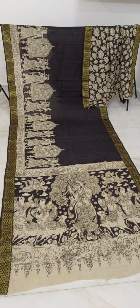 Black and white mangalagiri pen kalamkari sarees