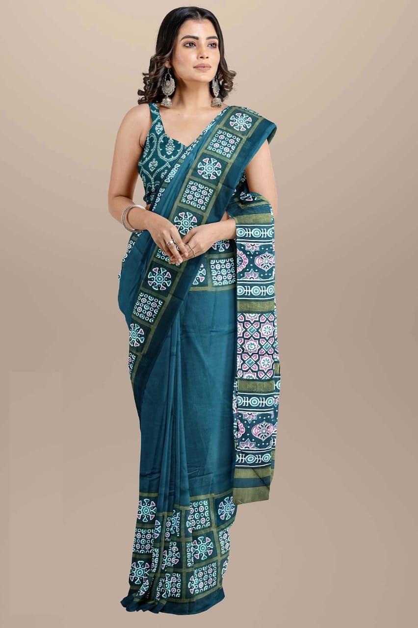 Dark peacock green Handblock printed mulmul cotton sarees