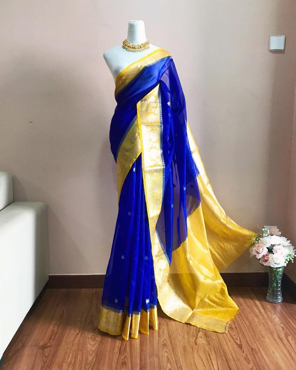 Dark blue and yellow Banarasi kora organza sarees