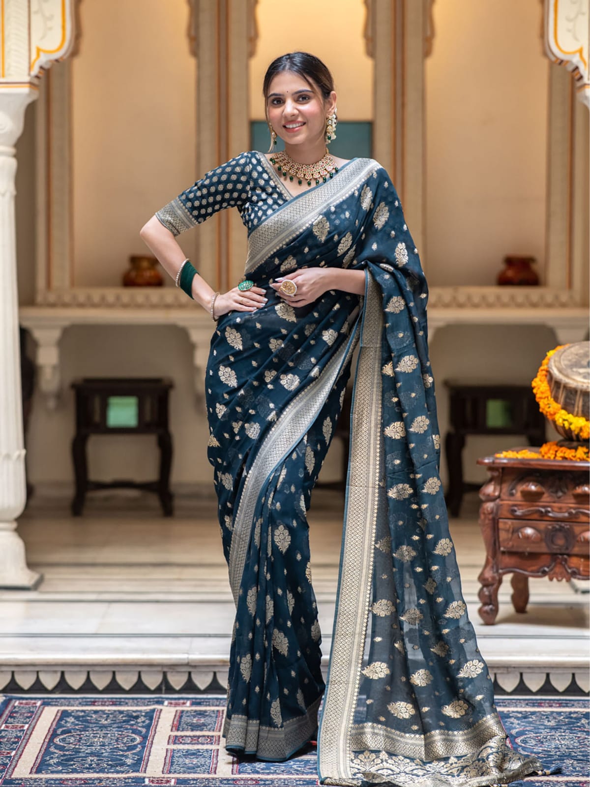 Navy blue Banarasi semi georgette silk sarees