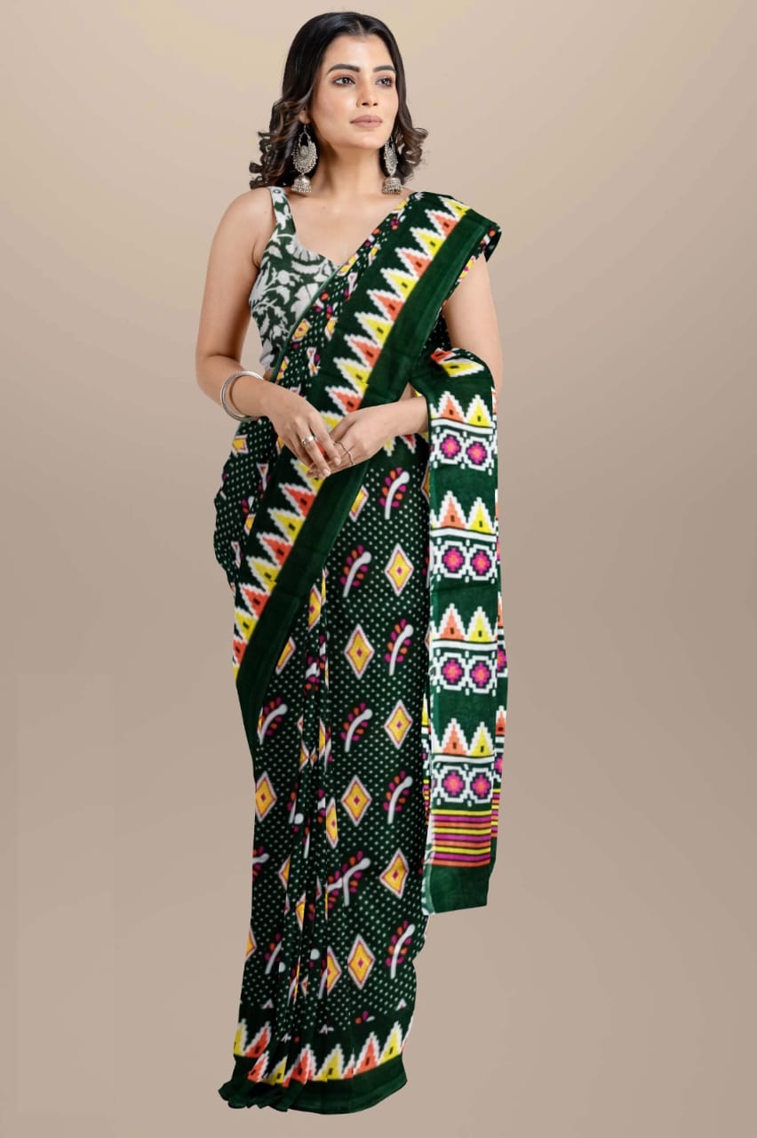 Bottle green Handblock printed mulmul cotton sarees