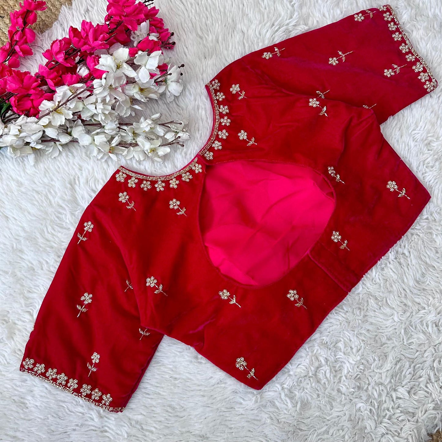 Red readymade velvet pearl work blouse