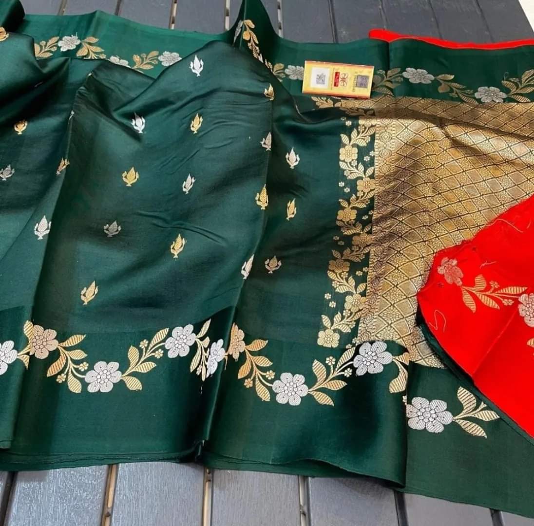 Bottle green Banarasi kora organza sarees