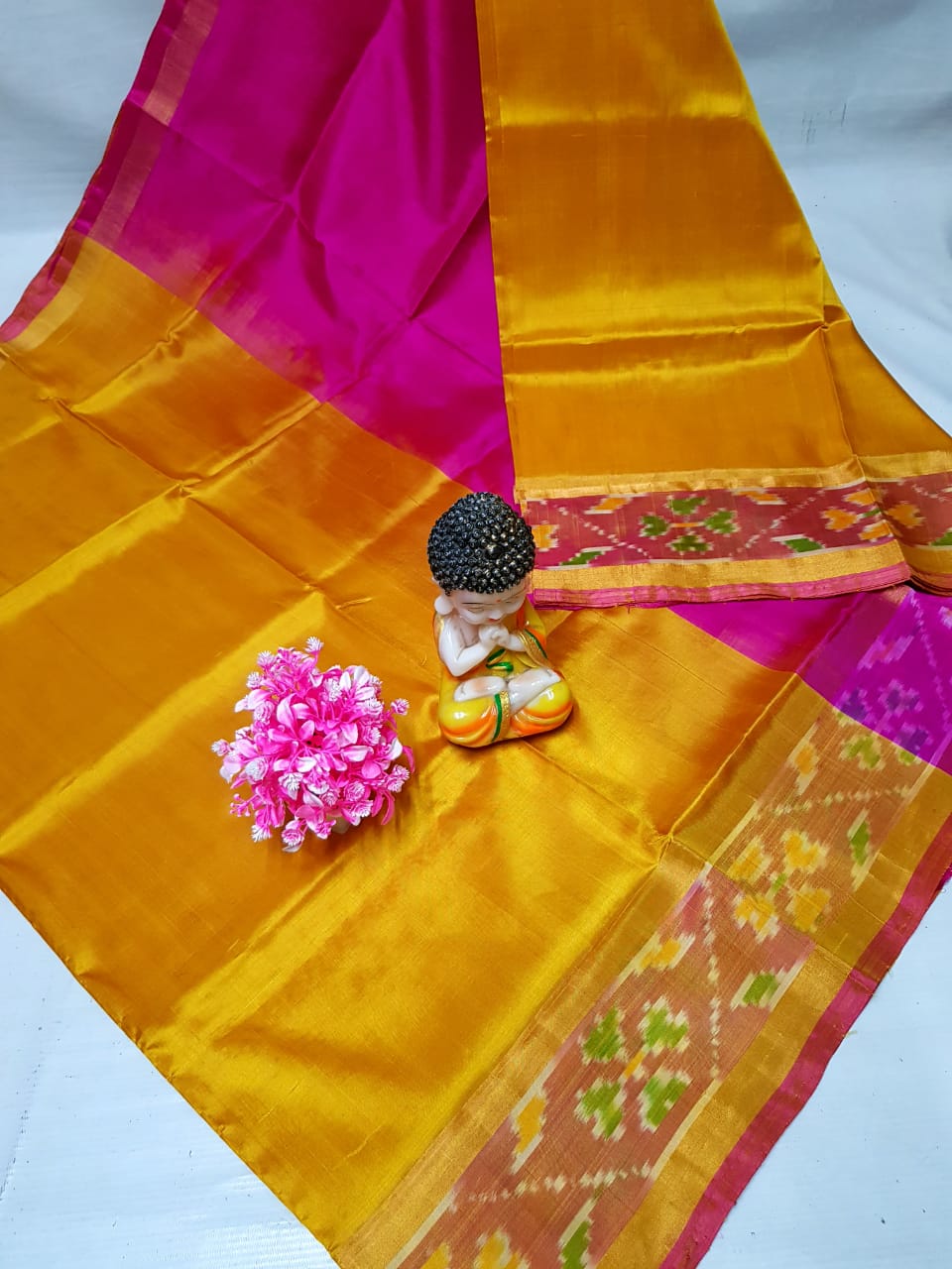 Mango yellow Uppada sarees with small pochampally border