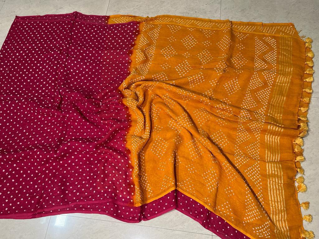 Red and yellow pure linen 120 counts bandhani sarees