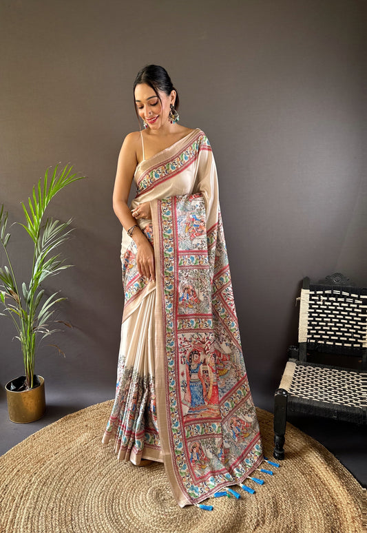 Beige tussar silk sarees with madhubani print