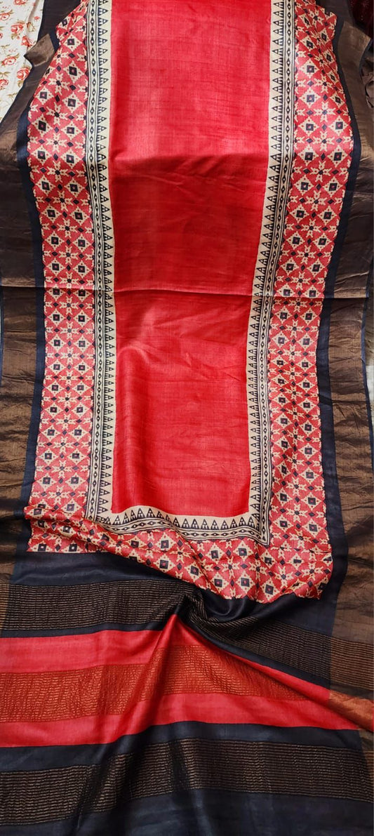 Red pure tussar silk printed sarees