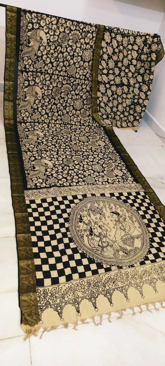 Black and white mangalagiri pen kalamkari sarees