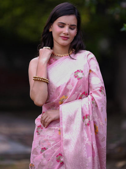 Light pink Banarasi semi georgette silk sarees