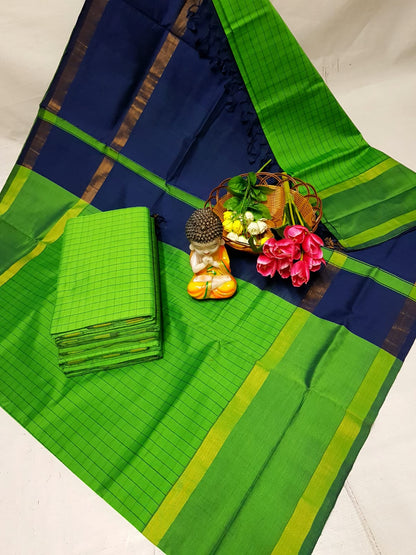 Parrot green Tripura silk mahanati checks sarees