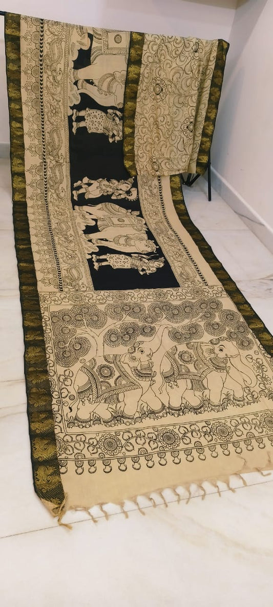 Black and white mangalagiri pen kalamkari sarees